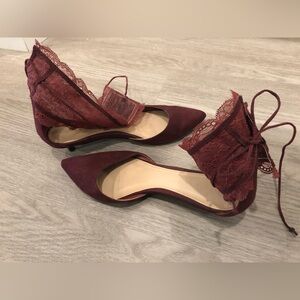 Charles & Keith Burgundy Lace Suede kitten heels, size 7.5